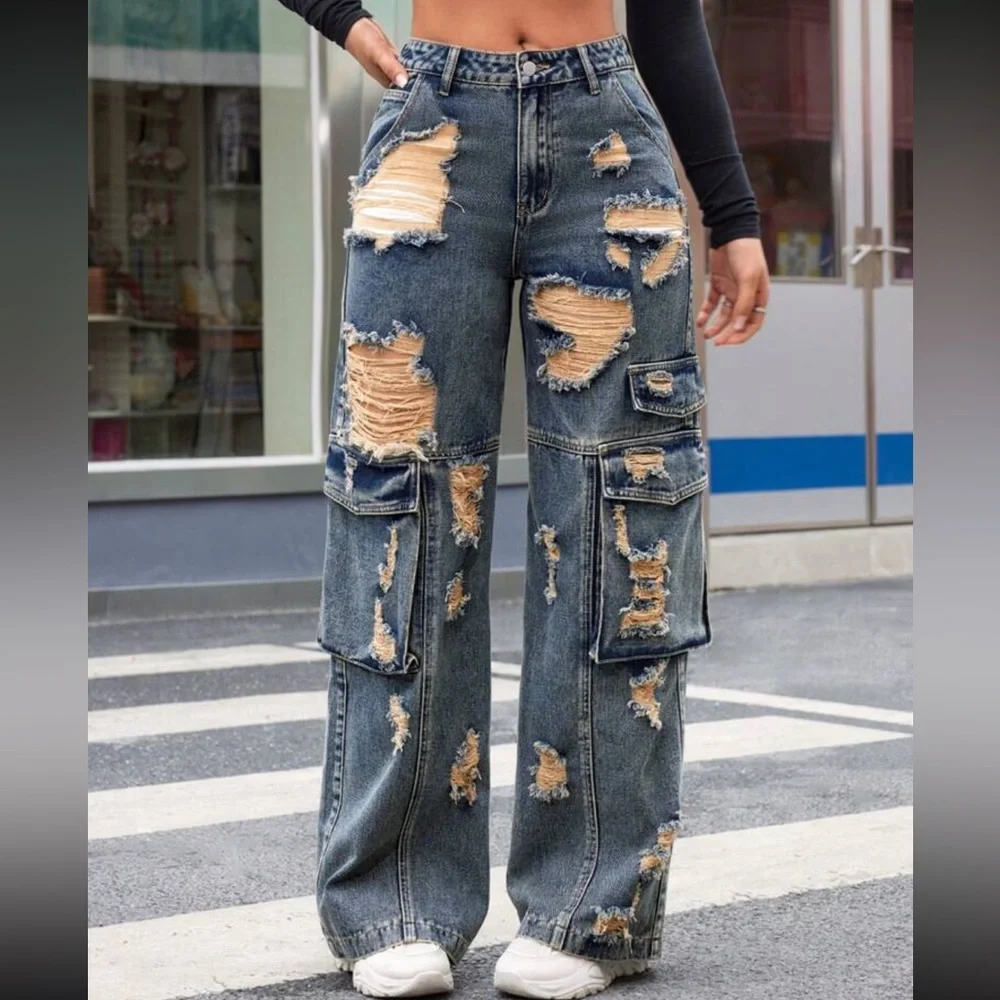 Distressed jeans Blue Cargo Jeans pants denim pockets ripped mineral wash - Picture 1 of 5